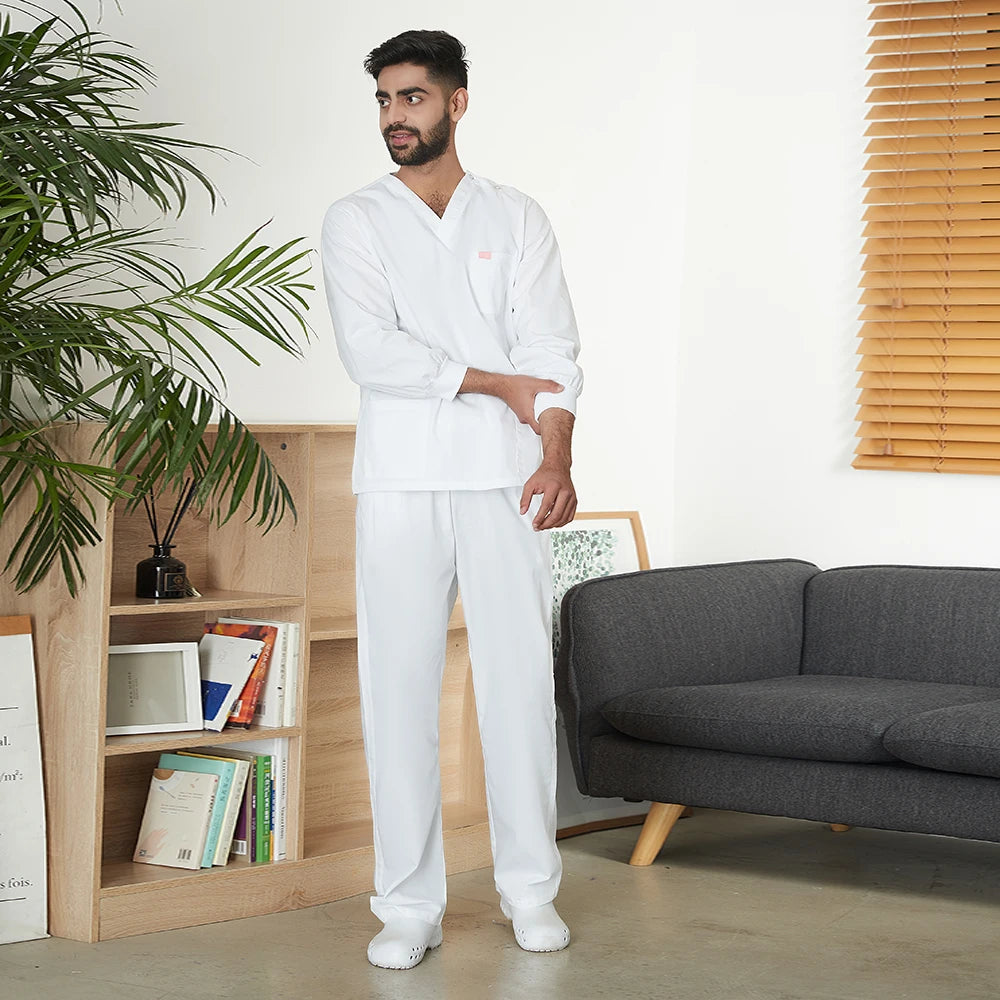 Men's White Long-sleeved Set Autumn/winter Lab Medical Uniform Top Elastic Pants Wholesale Hospital Doctor Nursing Scrub Clothes
