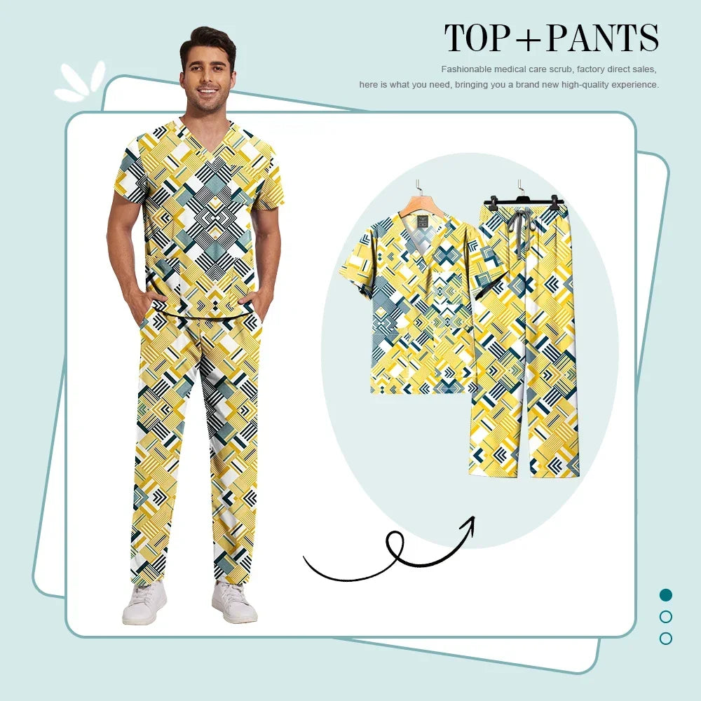Print Scrub Sets Stretch Comfortable Scrubs Womens V-Neck Mens Scrub Uniforms Hospital Printing Nurse Doctor Medical Scrubs Sets