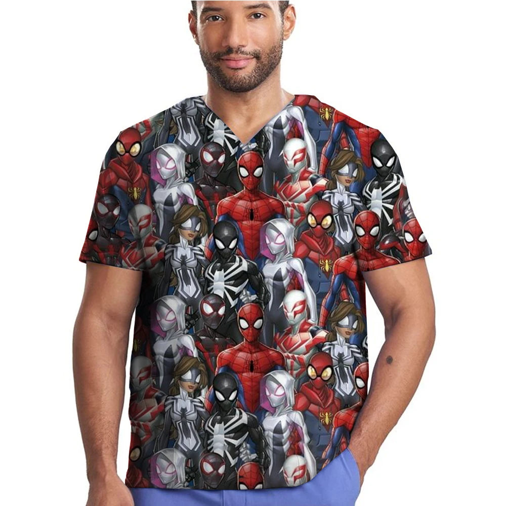 Medical Scrubs Women Nursing Accessories Marvel Spider Man Print Shirt Doctor Workwear Men Healthcare Pharmacy Jacket Tops Soft