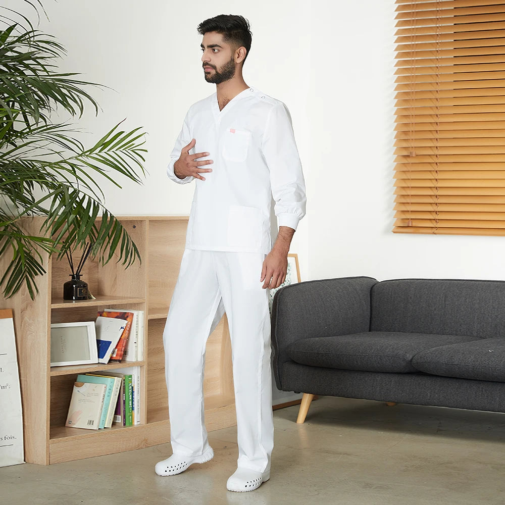 Men's White Long-sleeved Set Autumn/winter Lab Medical Uniform Top Elastic Pants Wholesale Hospital Doctor Nursing Scrub Clothes