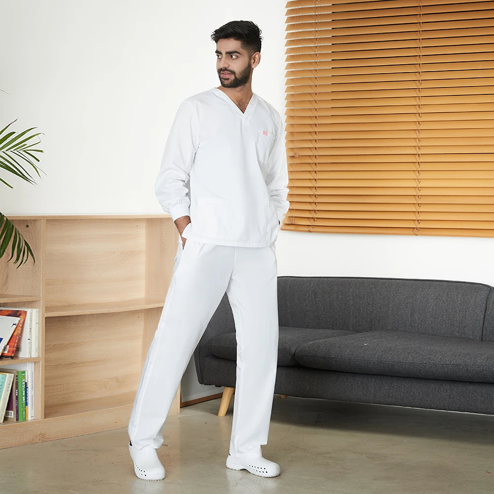 Men's White Long-sleeved Set Autumn/winter Lab Medical Uniform Top Elastic Pants Wholesale Hospital Doctor Nursing Scrub Clothes