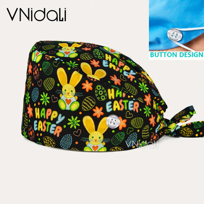 High Quality Cartoon Printing Surgical Cap 100% Cotton Nurse Doctor Nursing Cap with button scrub hats Operatin groom scrub cap