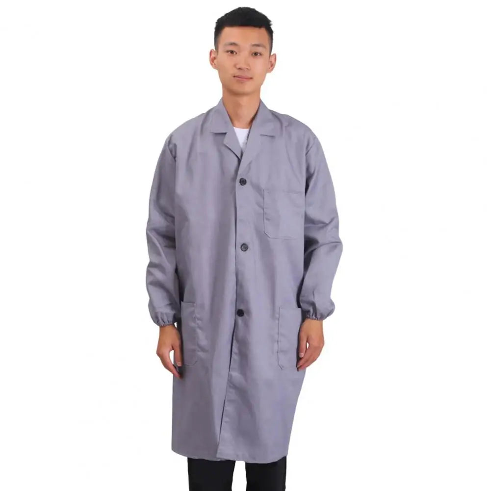 Work Coat Long Sleeved Lab Labor Dust Proof Work Clothing Single Breasted Mid length Washable Work Jacket Men Uniform