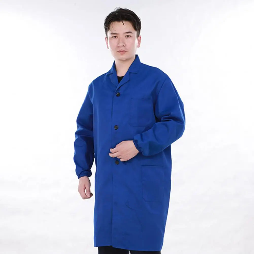 Work Coat Long Sleeved Lab Labor Dust Proof Work Clothing Single Breasted Mid length Washable Work Jacket Men Uniform