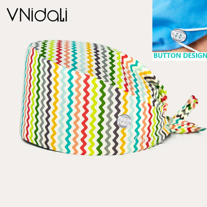 High Quality Cartoon Printing Surgical Cap 100% Cotton Nurse Doctor Nursing Cap with button scrub hats Operatin groom scrub cap