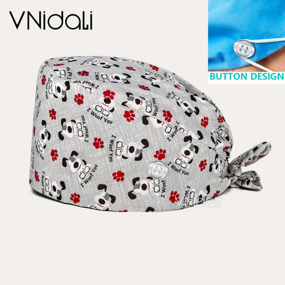 High Quality Cartoon Printing Surgical Cap 100% Cotton Nurse Doctor Nursing Cap with button scrub hats Operatin groom scrub cap
