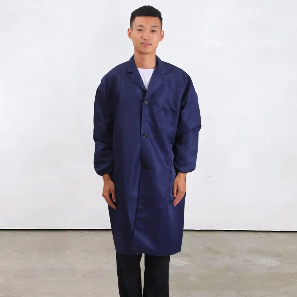 Work Coat Long Sleeved Lab Labor Dust Proof Work Clothing Single Breasted Mid length Washable Work Jacket Men Uniform