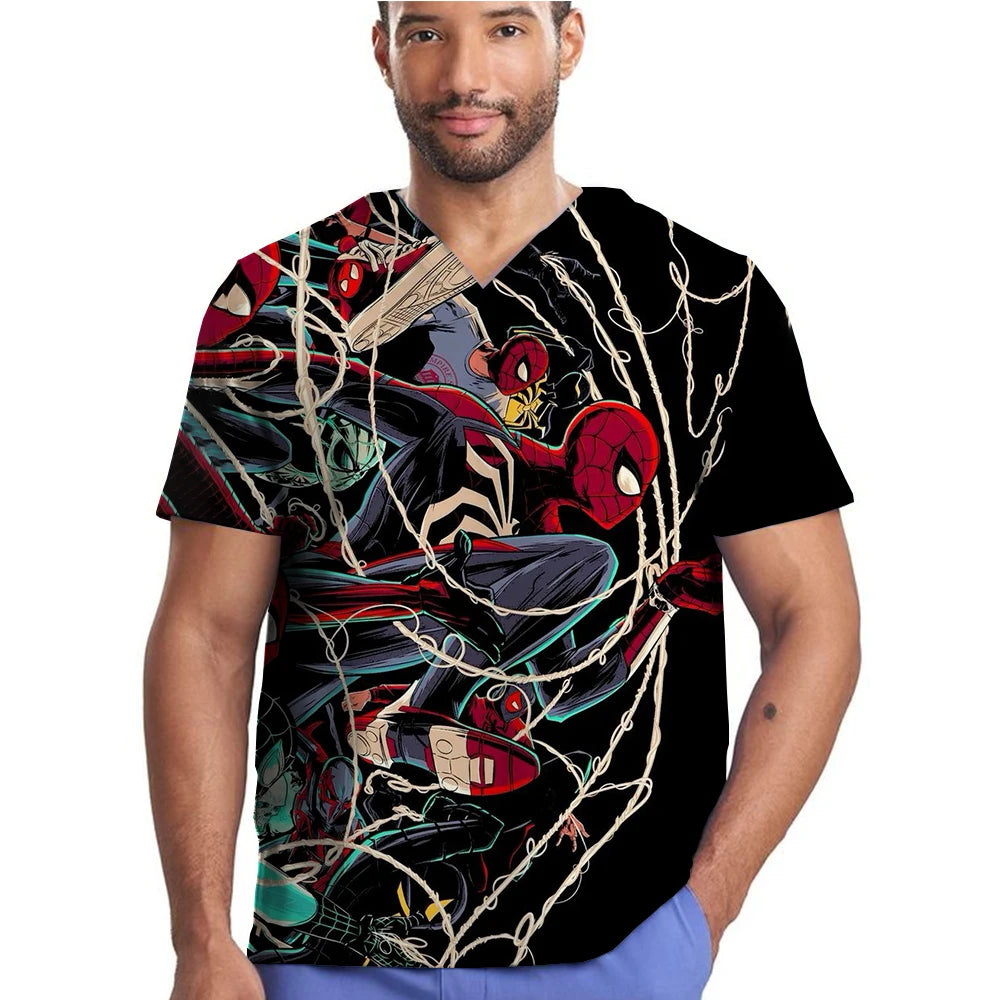 Medical Scrubs Women Nursing Accessories Marvel Spider Man Print Shirt Doctor Workwear Men Healthcare Pharmacy Jacket Tops Soft