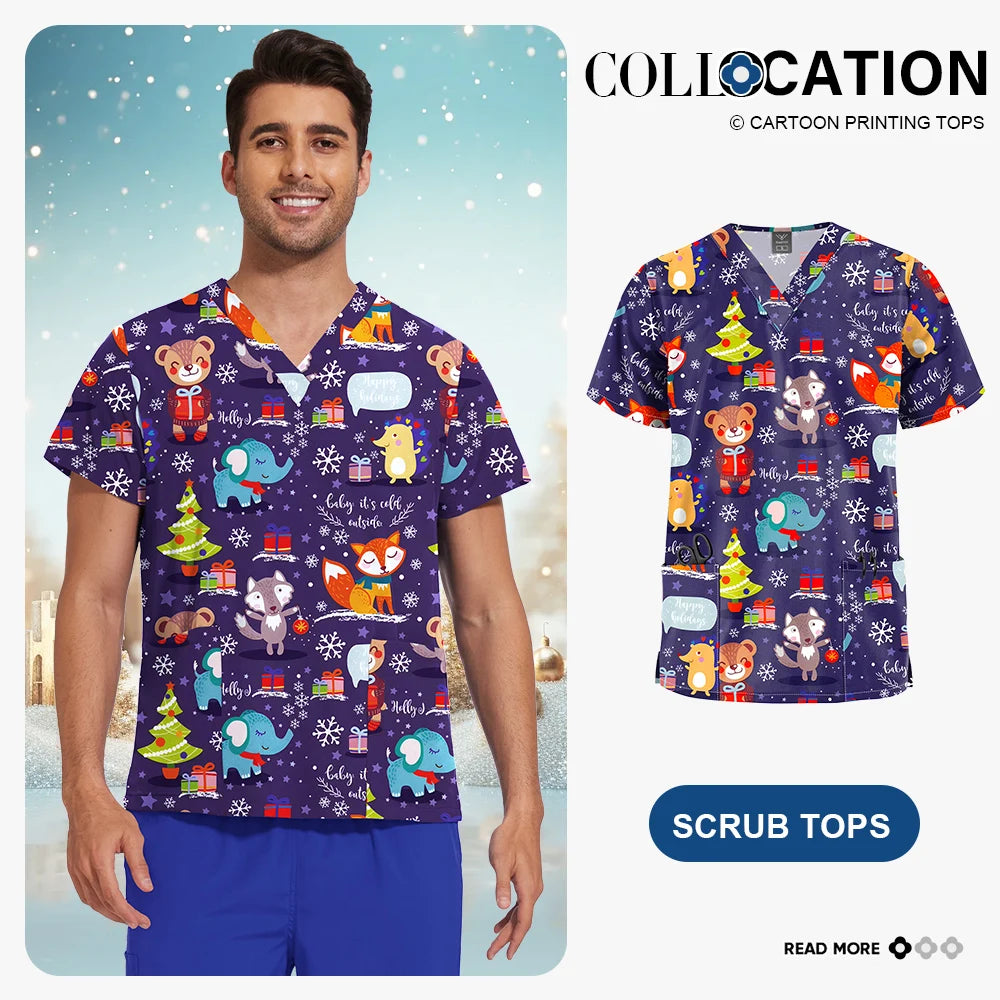 Niaahinn Christmas Print Medical Tops Nurse Accessories Doctor Surgical Blouse Cartoon Pattern Short Sleeve Scrub Work Shirt Men