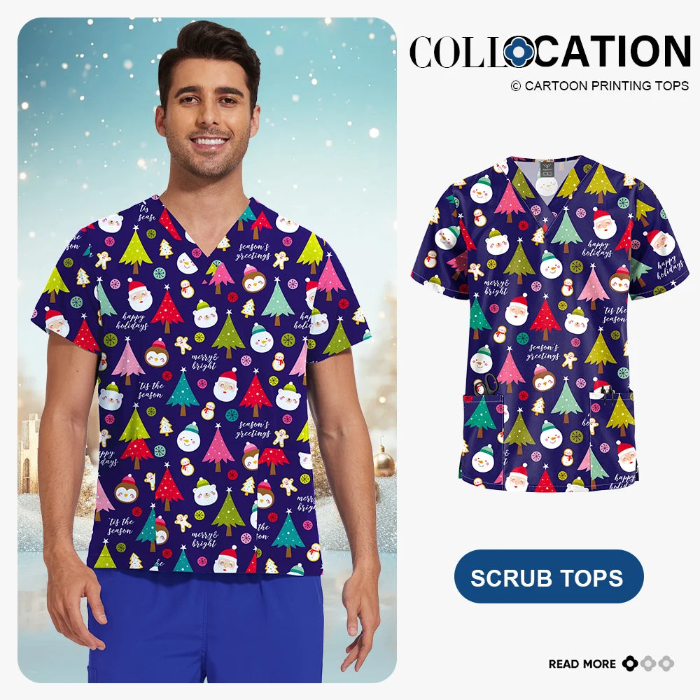 Niaahinn Christmas Print Medical Tops Nurse Accessories Doctor Surgical Blouse Cartoon Pattern Short Sleeve Scrub Work Shirt Men
