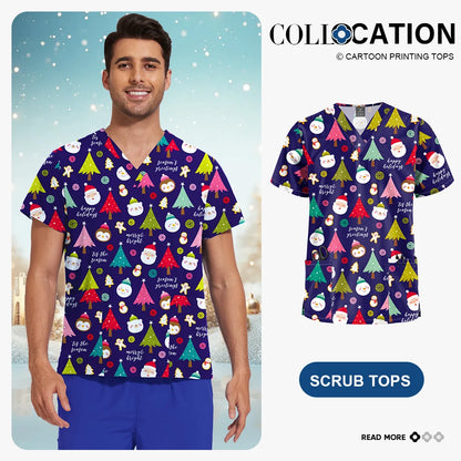 Niaahinn Christmas Print Medical Tops Nurse Accessories Doctor Surgical Blouse Cartoon Pattern Short Sleeve Scrub Work Shirt Men