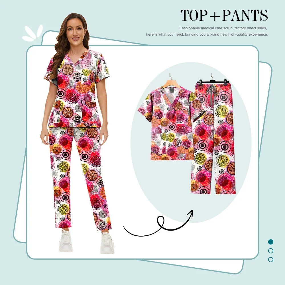 Print Scrub Sets Stretch Comfortable Scrubs Womens V-Neck Mens Scrub Uniforms Hospital Printing Nurse Doctor Medical Scrubs Sets