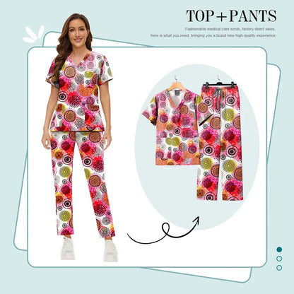 Print Scrub Sets Stretch Comfortable Scrubs Womens V-Neck Mens Scrub Uniforms Hospital Printing Nurse Doctor Medical Scrubs Sets