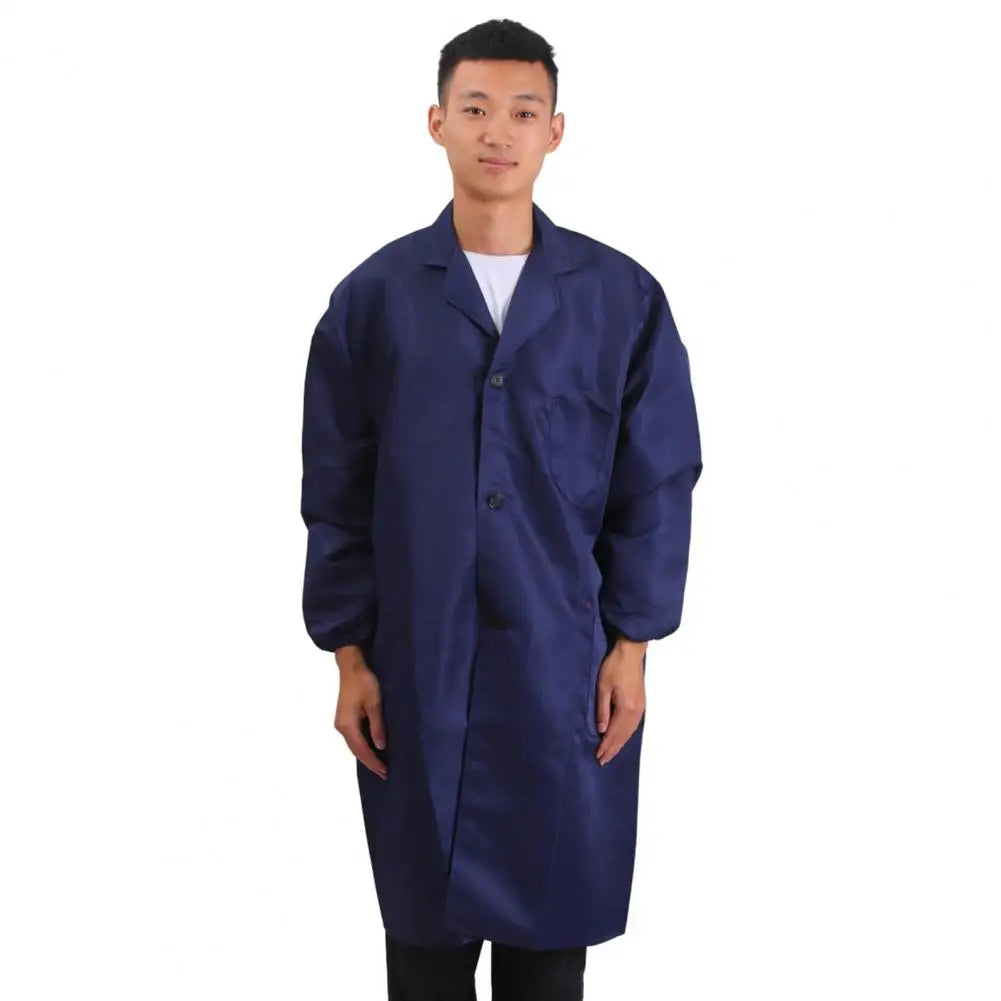 Work Coat Long Sleeved Lab Labor Dust Proof Work Clothing Single Breasted Mid length Washable Work Jacket Men Uniform