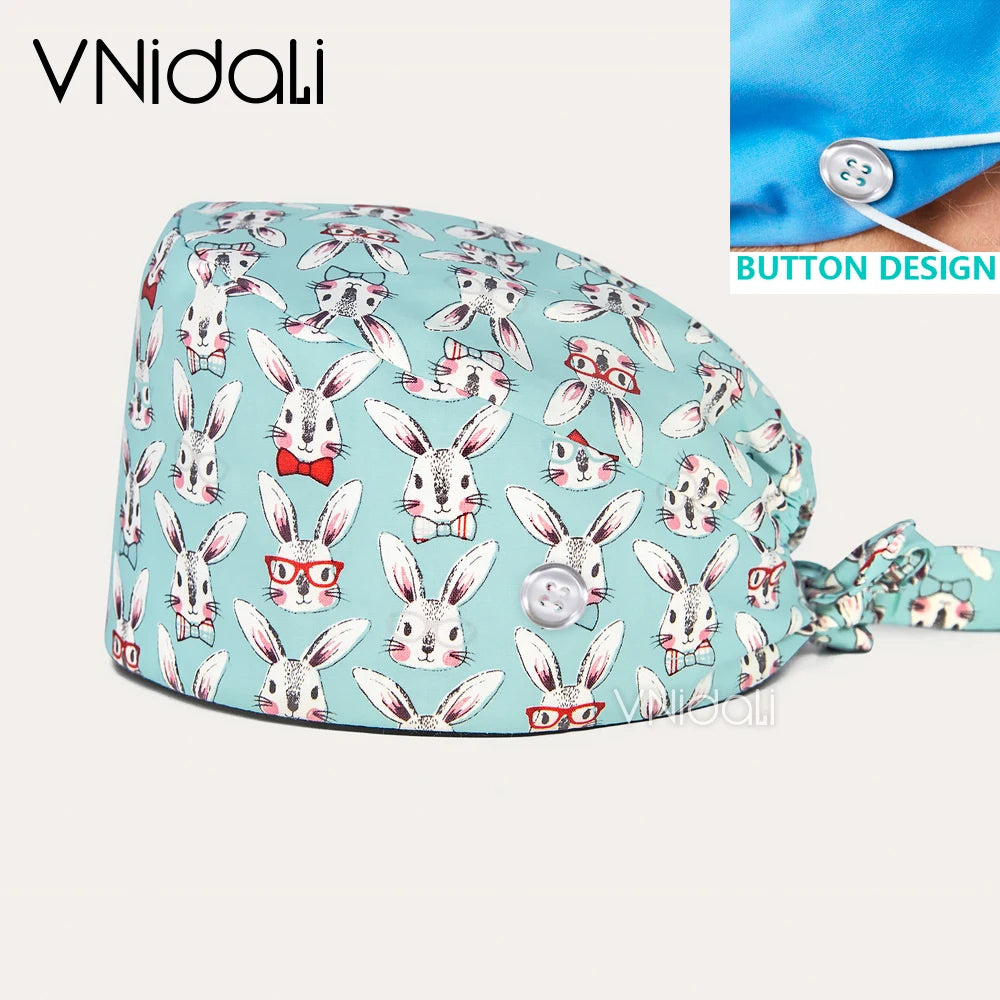 High Quality Cartoon Printing Surgical Cap 100% Cotton Nurse Doctor Nursing Cap with button scrub hats Operatin groom scrub cap