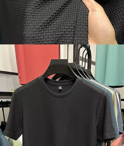 MINISO Bamboo Mesh Ice Silk T-shirt Men's Short sleeved Round Neck New T-sleeved Men's Bottom Shirt Summer Solid Color Men's Top