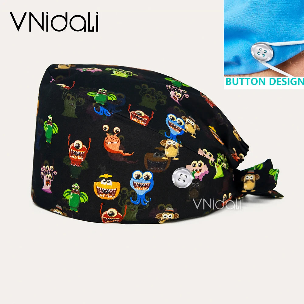 High Quality Cartoon Printing Surgical Cap 100% Cotton Nurse Doctor Nursing Cap with button scrub hats Operatin groom scrub cap