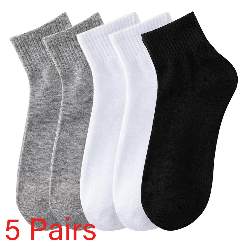 5 Pairs/Lot Black White Men's Socks Business Solid Color Casual Simple Versatile Breathable Cotton Sports Mesh Short Socks
