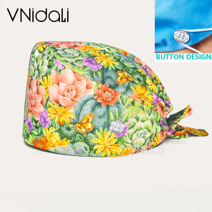 High Quality Cartoon Printing Surgical Cap 100% Cotton Nurse Doctor Nursing Cap with button scrub hats Operatin groom scrub cap