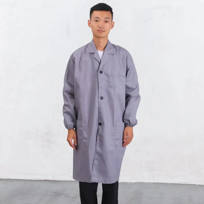 Work Coat Long Sleeved Lab Labor Dust Proof Work Clothing Single Breasted Mid length Washable Work Jacket Men Uniform