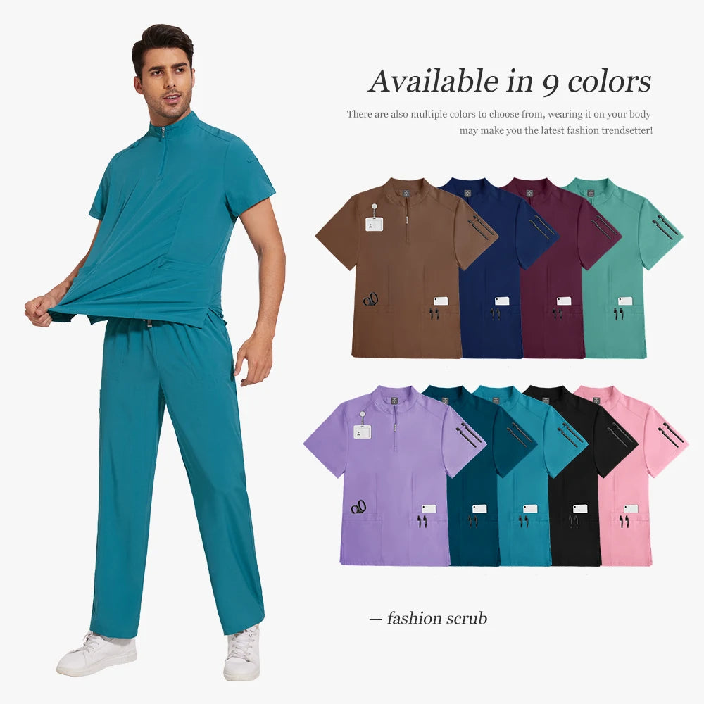 Nursing Uniform Hospital Scrubs Uniforms Sets Men Women Nurses Scrub Hospital Accessories Zipper Collar Short Sleeved Tops Pants