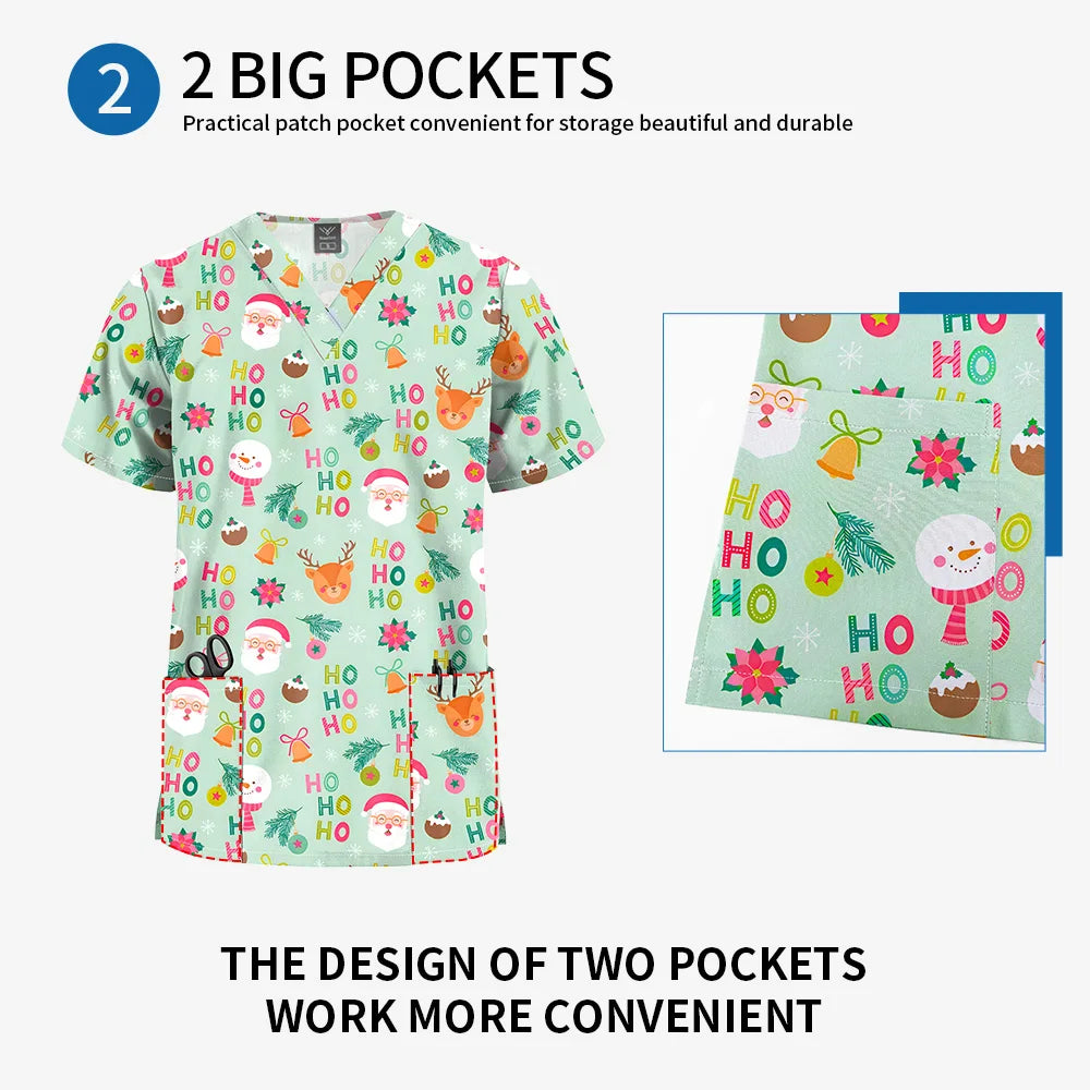 Niaahinn Christmas Print Medical Tops Nurse Accessories Doctor Surgical Blouse Cartoon Pattern Short Sleeve Scrub Work Shirt Men