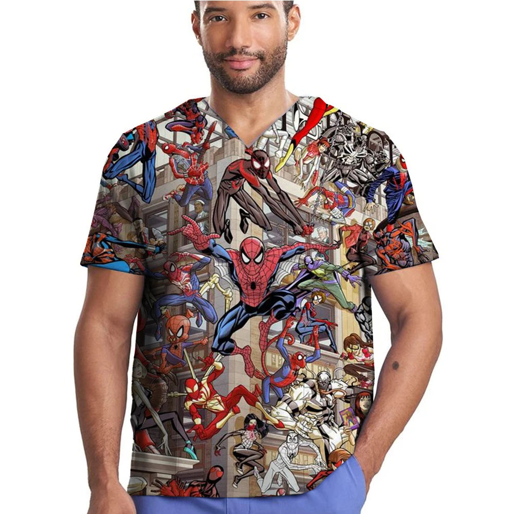Medical Scrubs Women Nursing Accessories Marvel Spider Man Print Shirt Doctor Workwear Men Healthcare Pharmacy Jacket Tops Soft
