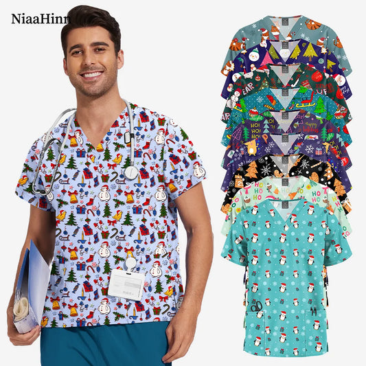 Niaahinn Christmas Print Medical Tops Nurse Accessories Doctor Surgical Blouse Cartoon Pattern Short Sleeve Scrub Work Shirt Men