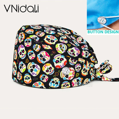 High Quality Cartoon Printing Surgical Cap 100% Cotton Nurse Doctor Nursing Cap with button scrub hats Operatin groom scrub cap