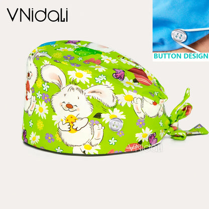 High Quality Cartoon Printing Surgical Cap 100% Cotton Nurse Doctor Nursing Cap with button scrub hats Operatin groom scrub cap