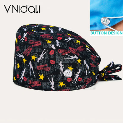 High Quality Cartoon Printing Surgical Cap 100% Cotton Nurse Doctor Nursing Cap with button scrub hats Operatin groom scrub cap