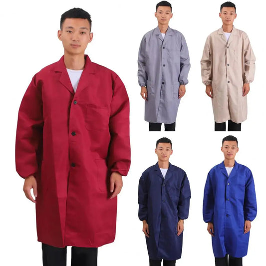 Work Coat Long Sleeved Lab Labor Dust Proof Work Clothing Single Breasted Mid length Washable Work Jacket Men Uniform