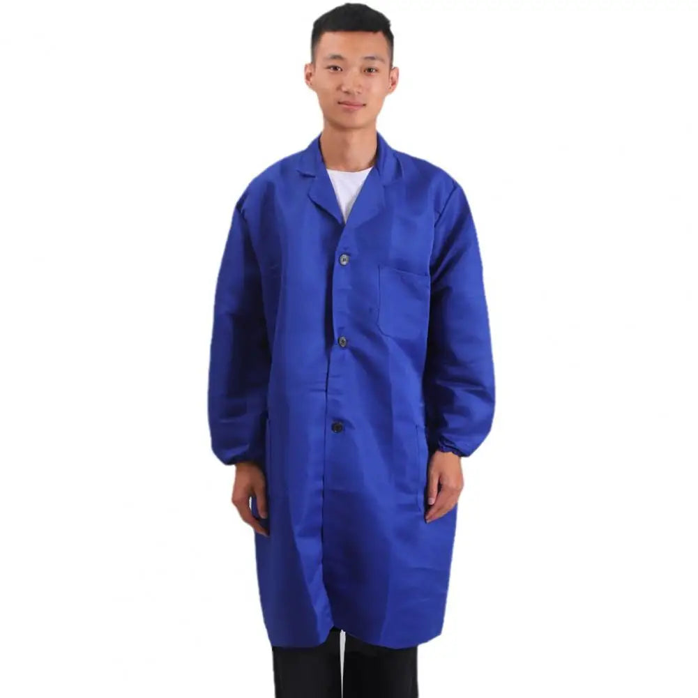 Work Coat Long Sleeved Lab Labor Dust Proof Work Clothing Single Breasted Mid length Washable Work Jacket Men Uniform