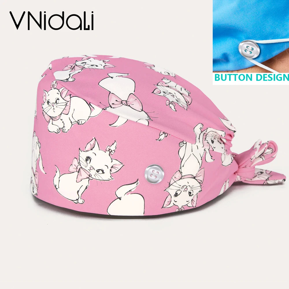 High Quality Cartoon Printing Surgical Cap 100% Cotton Nurse Doctor Nursing Cap with button scrub hats Operatin groom scrub cap