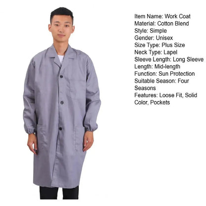 Work Coat Long Sleeved Lab Labor Dust Proof Work Clothing Single Breasted Mid length Washable Work Jacket Men Uniform