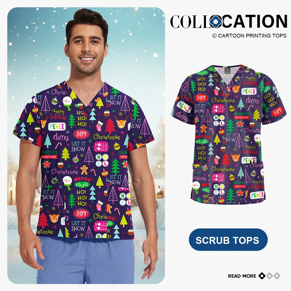 Niaahinn Christmas Print Medical Tops Nurse Accessories Doctor Surgical Blouse Cartoon Pattern Short Sleeve Scrub Work Shirt Men