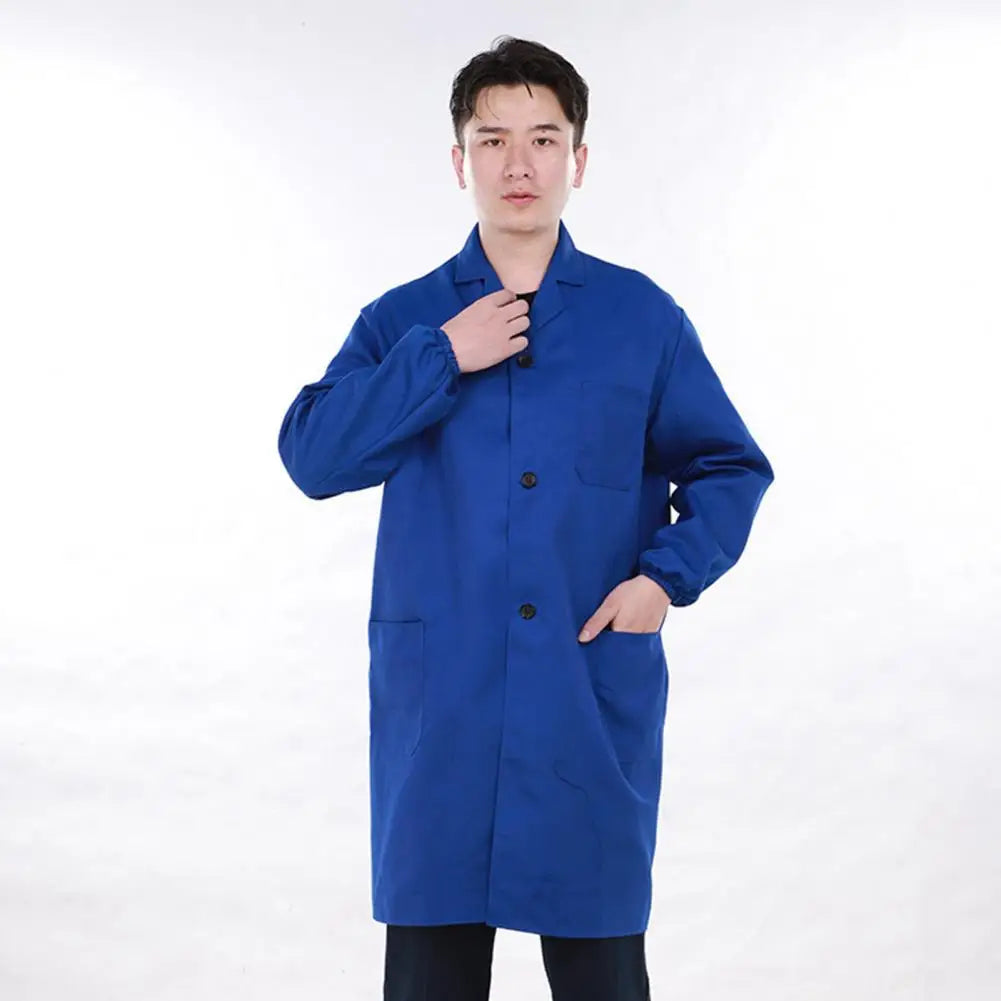 Work Coat Long Sleeved Lab Labor Dust Proof Work Clothing Single Breasted Mid length Washable Work Jacket Men Uniform