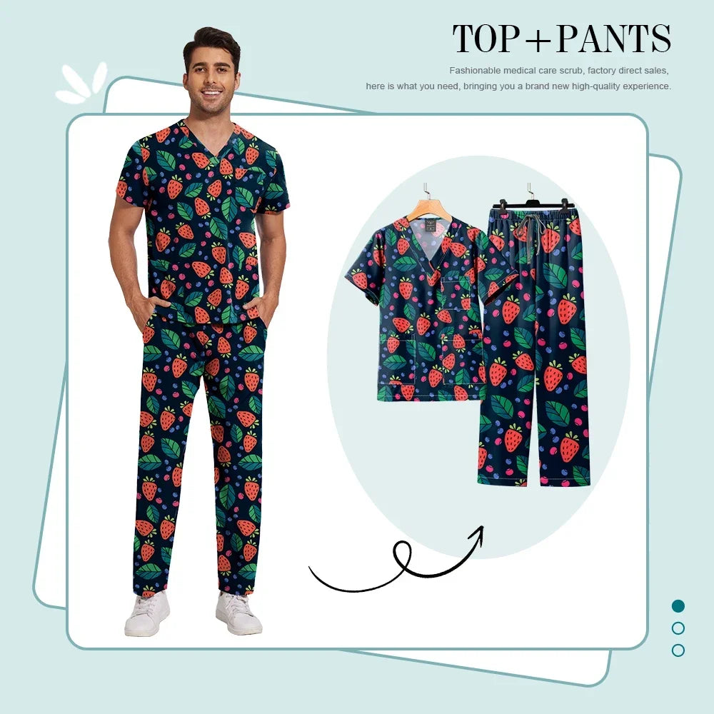 Print Scrub Sets Stretch Comfortable Scrubs Womens V-Neck Mens Scrub Uniforms Hospital Printing Nurse Doctor Medical Scrubs Sets
