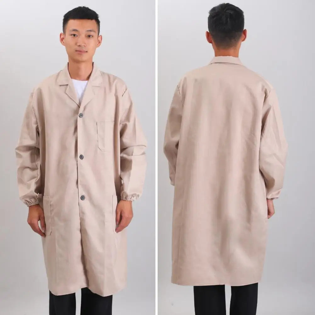 Work Coat Long Sleeved Lab Labor Dust Proof Work Clothing Single Breasted Mid length Washable Work Jacket Men Uniform