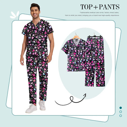 Print Scrub Sets Stretch Comfortable Scrubs Womens V-Neck Mens Scrub Uniforms Hospital Printing Nurse Doctor Medical Scrubs Sets