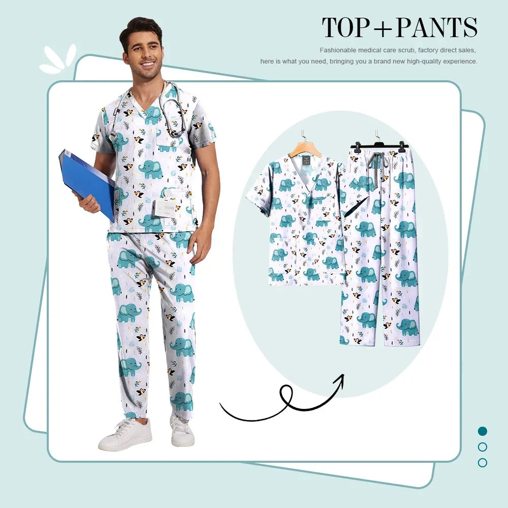 Print Scrub Sets Stretch Comfortable Scrubs Womens V-Neck Mens Scrub Uniforms Hospital Printing Nurse Doctor Medical Scrubs Sets