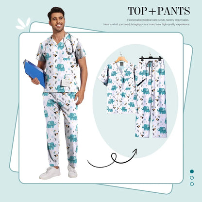 Print Scrub Sets Stretch Comfortable Scrubs Womens V-Neck Mens Scrub Uniforms Hospital Printing Nurse Doctor Medical Scrubs Sets