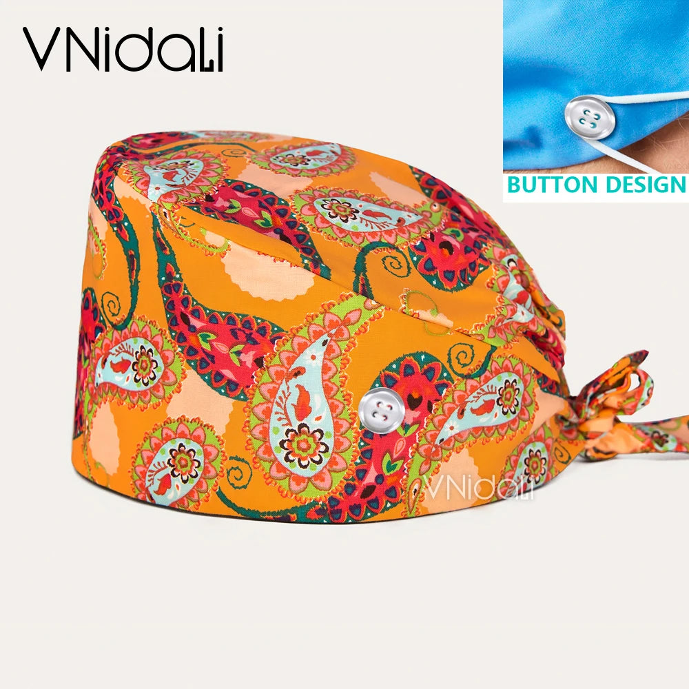 High Quality Cartoon Printing Surgical Cap 100% Cotton Nurse Doctor Nursing Cap with button scrub hats Operatin groom scrub cap