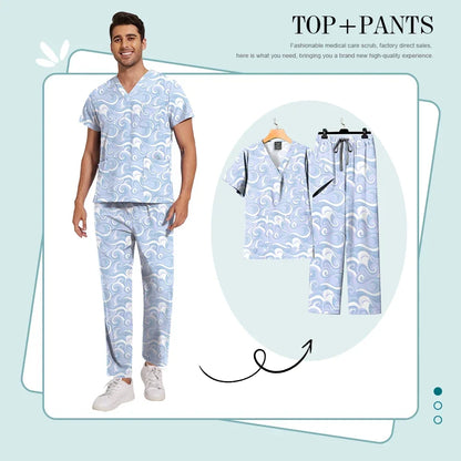 Print Scrub Sets Stretch Comfortable Scrubs Womens V-Neck Mens Scrub Uniforms Hospital Printing Nurse Doctor Medical Scrubs Sets