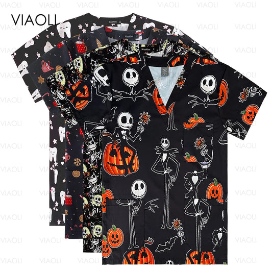 Black Print Surgical Uniforms Woman Men Halloween Clothes Medical Scrubs Top V-Neck 3 Pockets T-shirt Medical Clinical Clothes