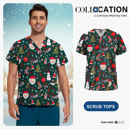 Niaahinn Christmas Print Medical Tops Nurse Accessories Doctor Surgical Blouse Cartoon Pattern Short Sleeve Scrub Work Shirt Men