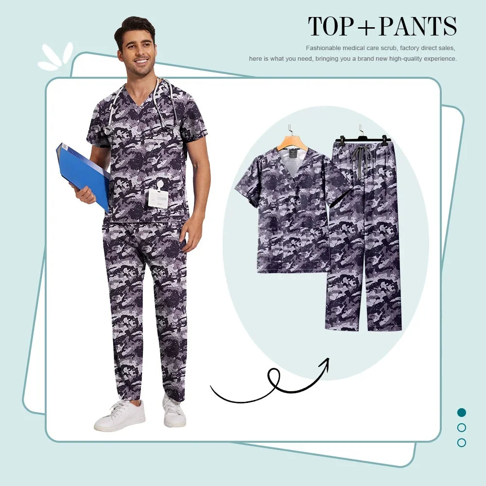 Print Scrub Sets Stretch Comfortable Scrubs Womens V-Neck Mens Scrub Uniforms Hospital Printing Nurse Doctor Medical Scrubs Sets