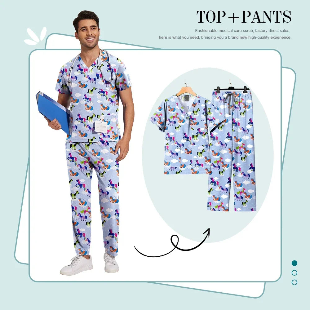 Print Scrub Sets Stretch Comfortable Scrubs Womens V-Neck Mens Scrub Uniforms Hospital Printing Nurse Doctor Medical Scrubs Sets