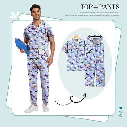 Print Scrub Sets Stretch Comfortable Scrubs Womens V-Neck Mens Scrub Uniforms Hospital Printing Nurse Doctor Medical Scrubs Sets