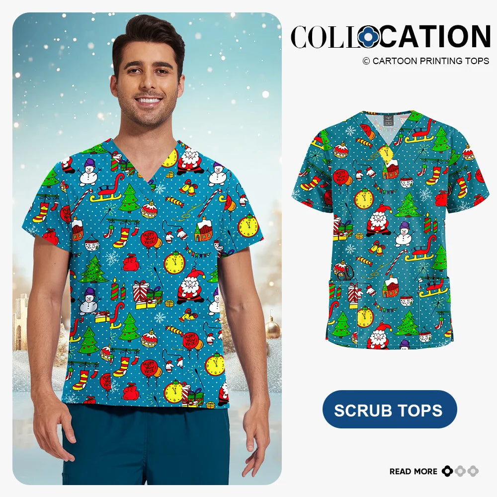 Niaahinn Christmas Print Medical Tops Nurse Accessories Doctor Surgical Blouse Cartoon Pattern Short Sleeve Scrub Work Shirt Men